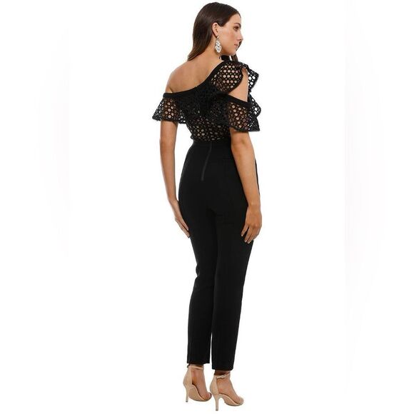 SELF PORTRAIT X REVOLVE black Lace Guipure Frill off the shoulder Jumpsuit sz 6 - Picture 2 of 11